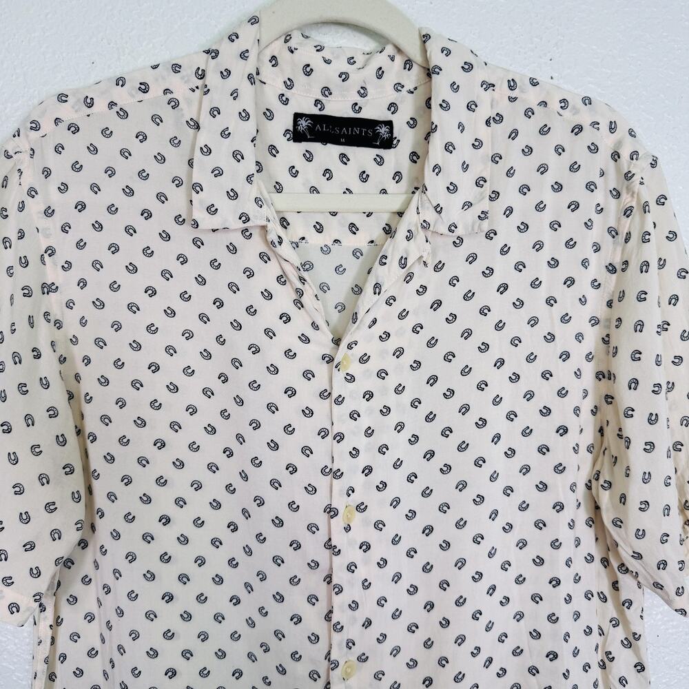 AllSaints Shirt Mens Medium Horseshoe Print Lucky Camp Collar Soft Button Up - Picture 4 of 10